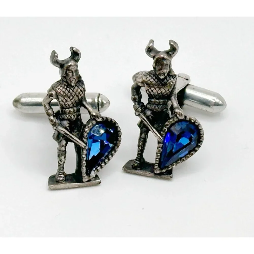Vintage Signed Swank Viking Warrior Figural Sword Gemstone Shield Cufflinks RARE